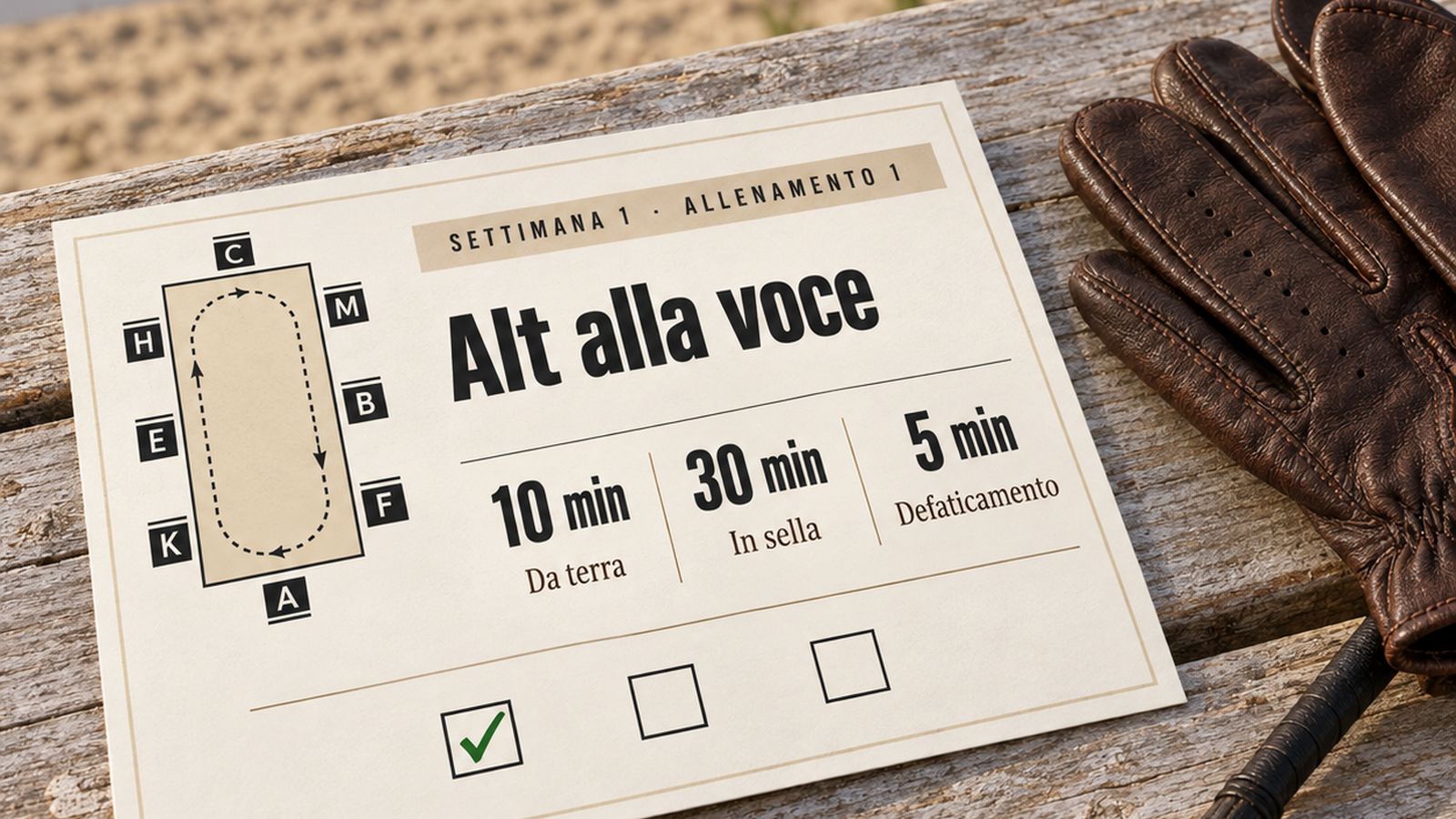Una scheda di allenamento: tre parti con i minuti, il disegno del campo e tre caselle